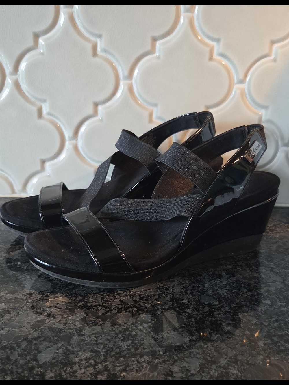 Anne Klein Sport Black Wedge Slingback Sandals with Elastic Straps - Women 8